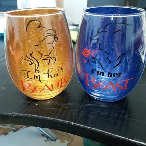 Beauty and Beast his and her wine glass set